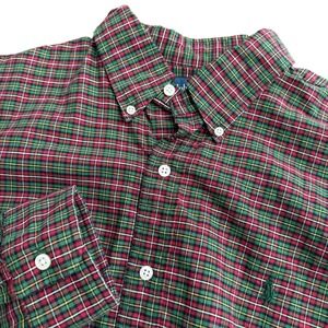 Ralph Lauren Mens L Custom Fit Plaid Button Down Shirt Red Green Cotton Long Slv